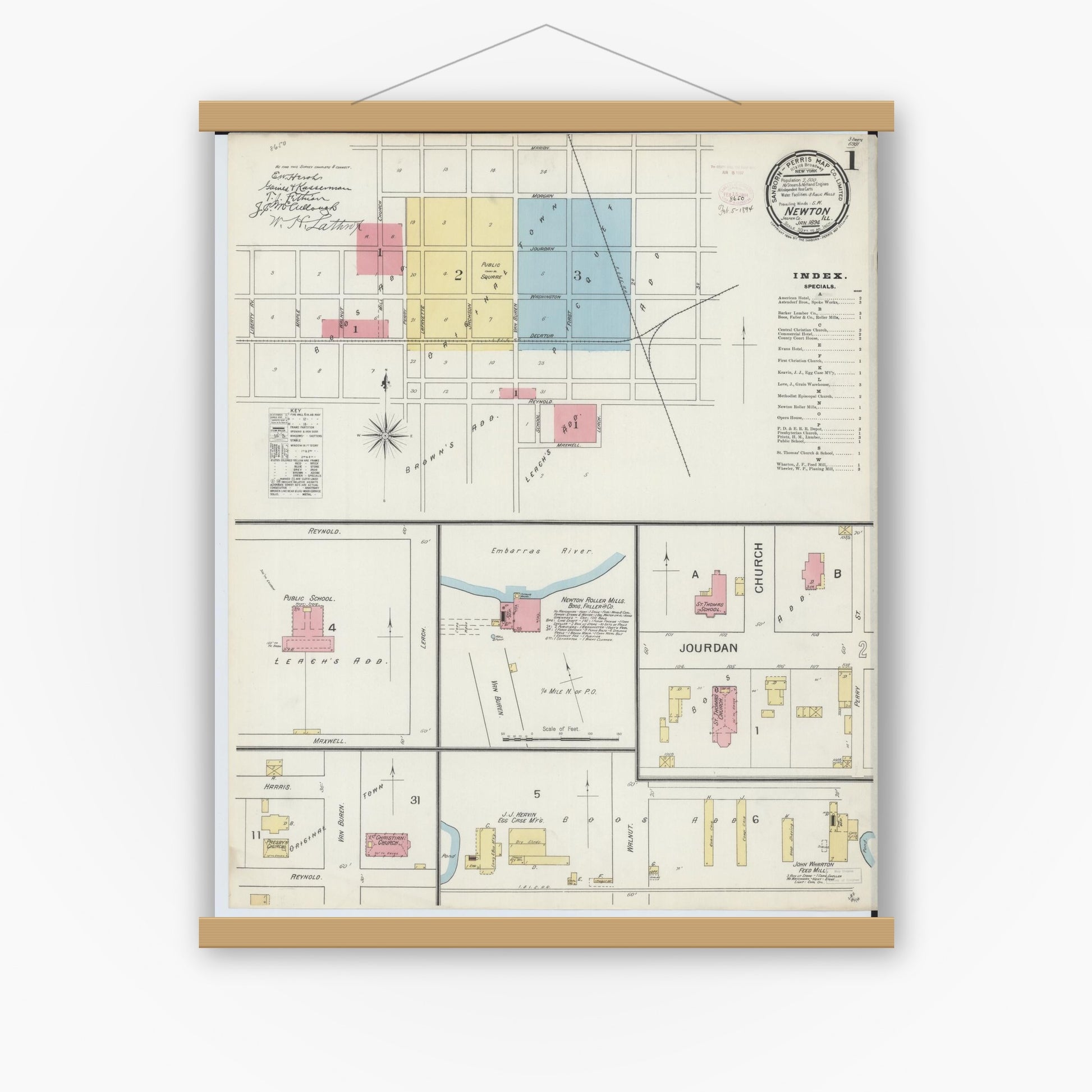 Old map wall art mockup — magnetic wood frame on white wall — Sanborn Fire Insurance Map from Newton, Jasper County, Illinois (1894) - Complete Map Set
