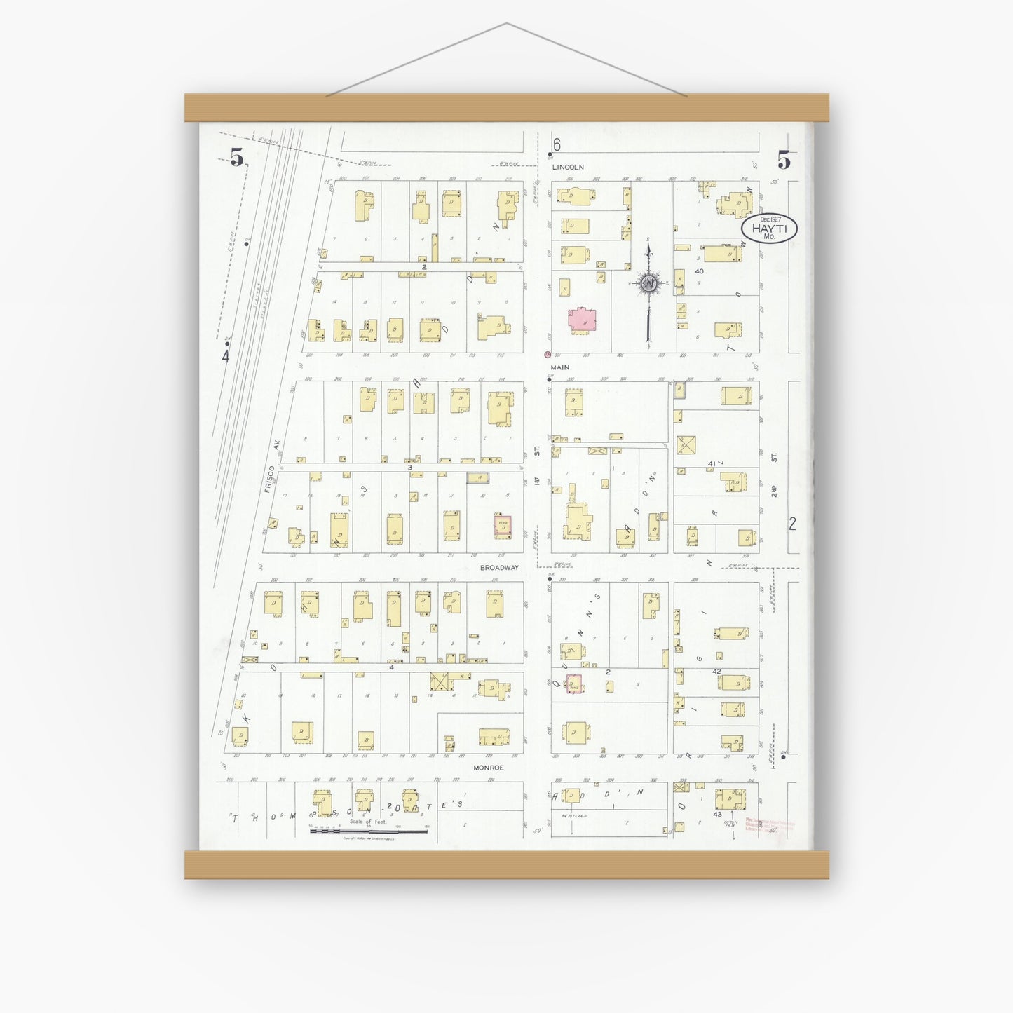 Old map wall art mockup — magnetic wood frame on white wall — Sanborn Fire Insurance Map from Hayti, Pemiscot County, Missouri (1927), Sheet #0005