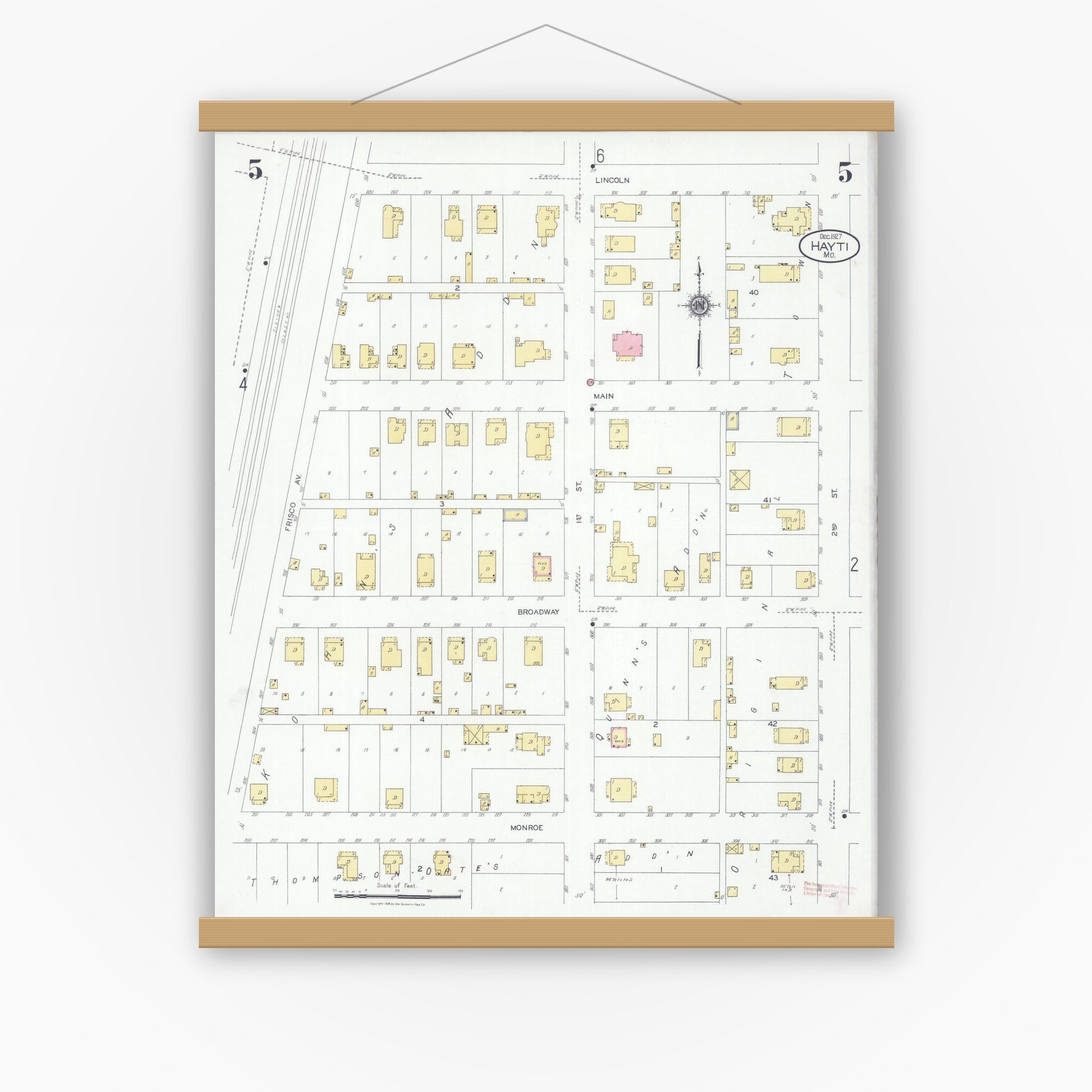 Old map wall art mockup — magnetic wood frame on white wall — Sanborn Fire Insurance Map from Hayti, Pemiscot County, Missouri (1927), Sheet #0005