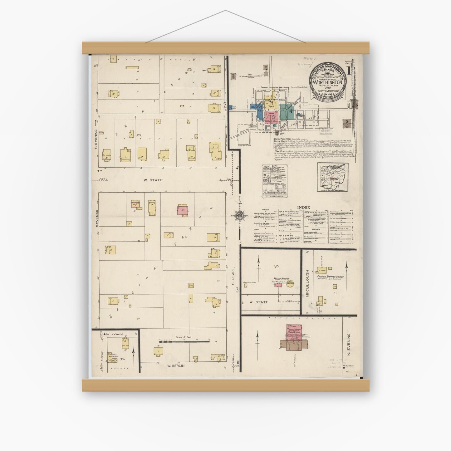 Old map wall art mockup — magnetic wood frame on white wall — Sanborn Fire Insurance Map from Worthington, Franklin County, Ohio (1922), Sheet #0001