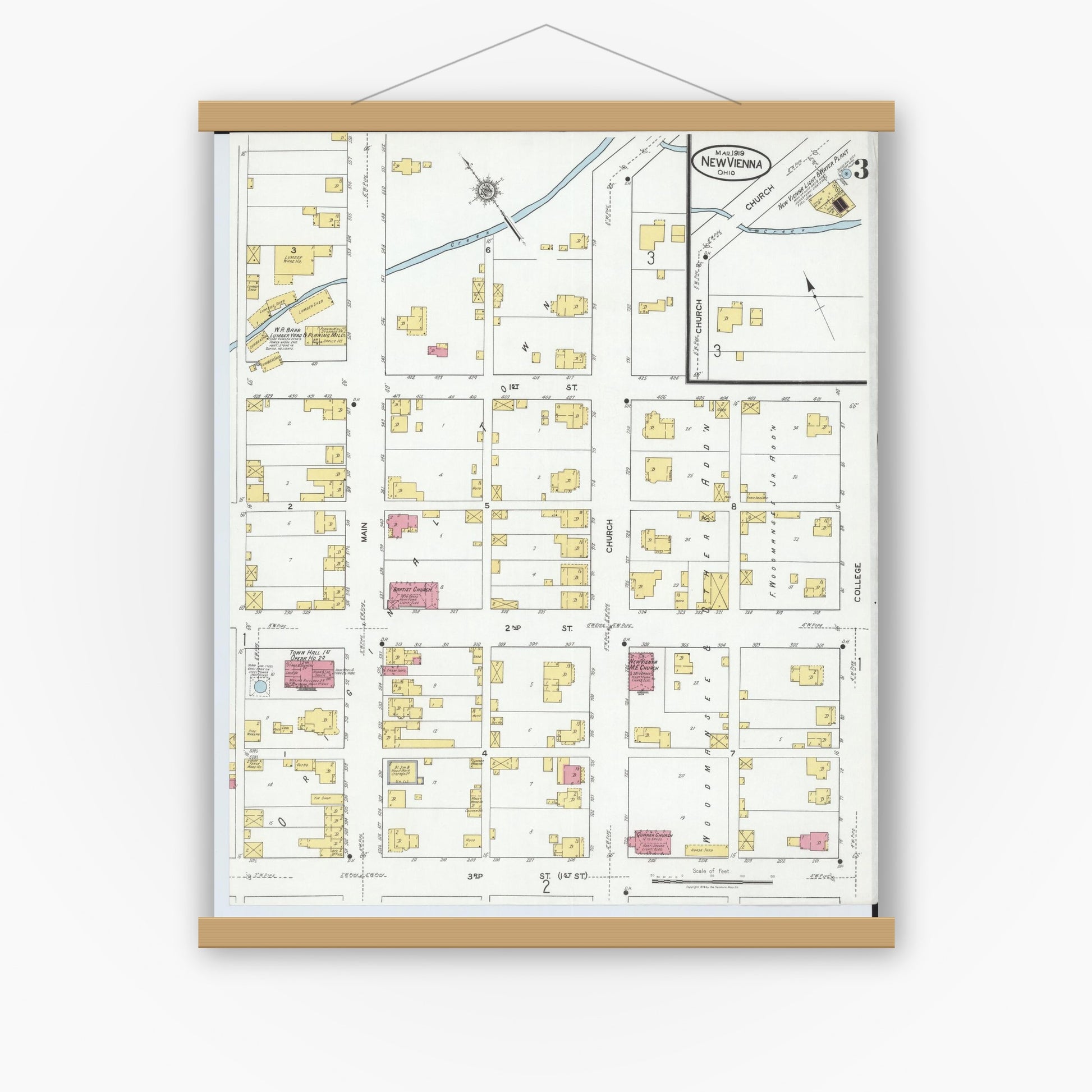 Old map wall art mockup — magnetic wood frame on white wall — Sanborn Fire Insurance Map from New Vienna, Clinton County, Ohio (1919), Sheet #0003