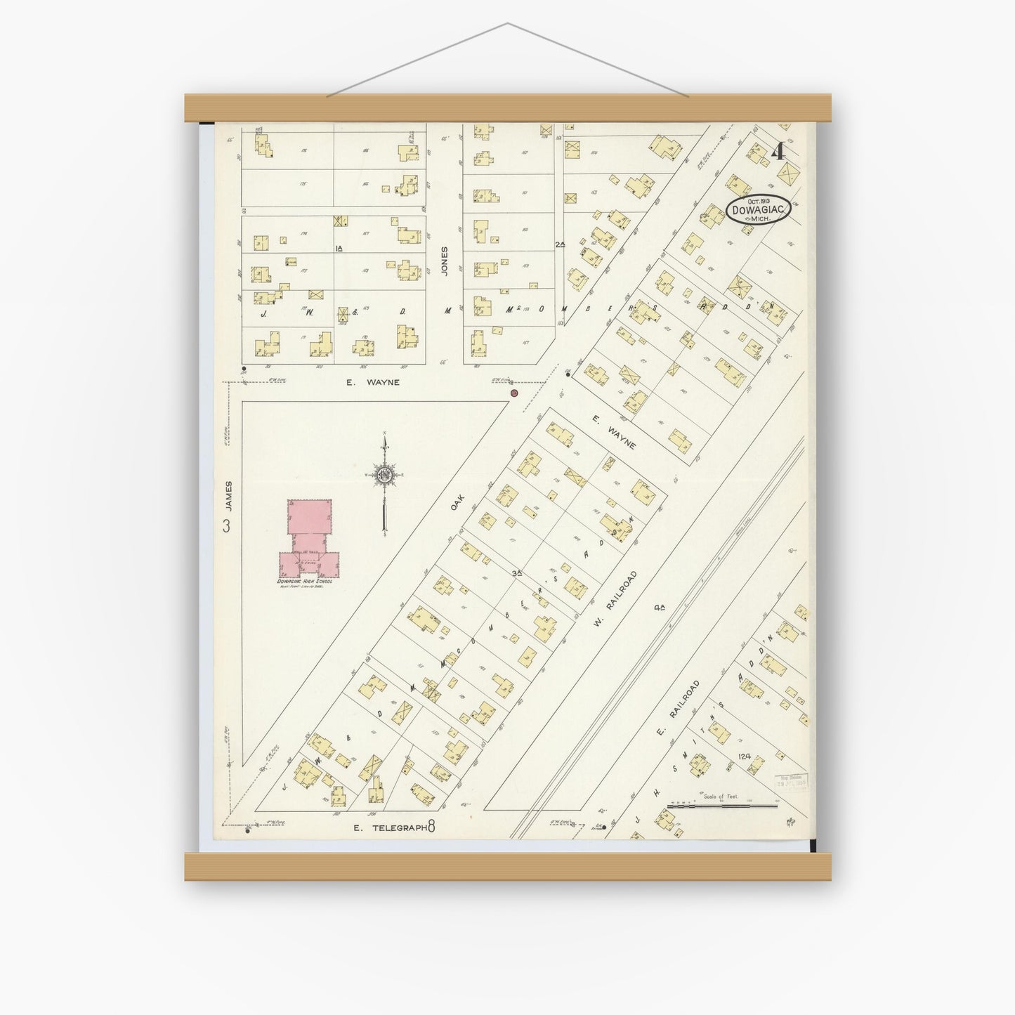 Old map wall art mockup — magnetic wood frame on white wall — Sanborn Fire Insurance Map from Dowagiac, Cass County, Michigan (1913), Sheet #0004