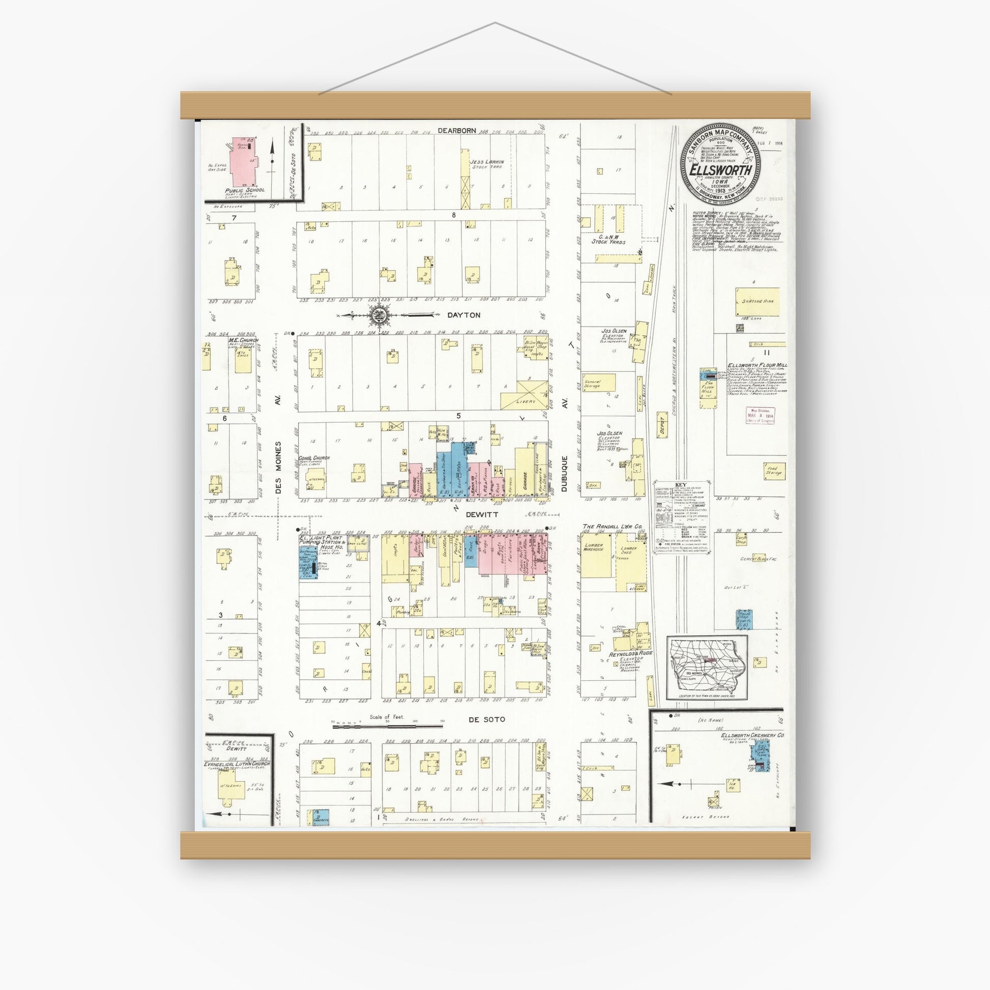 Old map wall art mockup — magnetic wood frame on white wall — Sanborn Fire Insurance Map from Ellsworth, Hamilton County, Iowa (1913), Sheet #0001