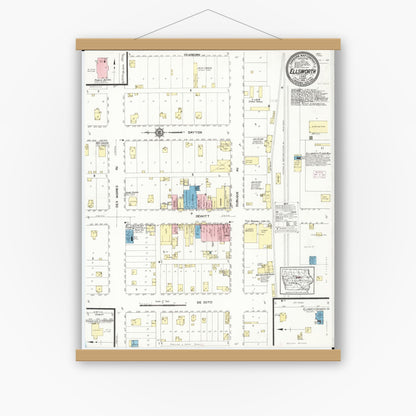 Old map wall art mockup — magnetic wood frame on white wall — Sanborn Fire Insurance Map from Ellsworth, Hamilton County, Iowa (1913), Sheet #0001
