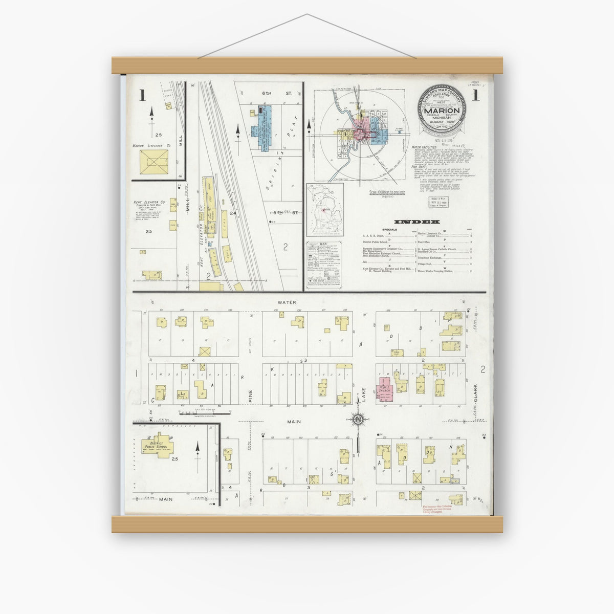 Old map wall art mockup — magnetic wood frame on white wall — Sanborn Fire Insurance Map from Marion, Osceola County, Michigan (1929), Sheet #0001