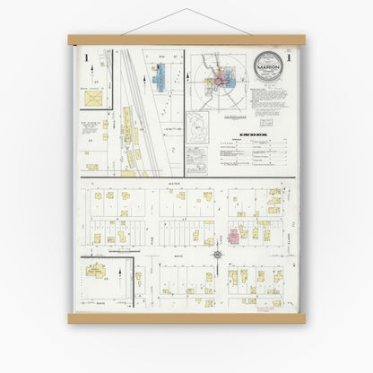 Old map wall art mockup — magnetic wood frame on white wall — Sanborn Fire Insurance Map from Marion, Osceola County, Michigan (1929), Sheet #0001