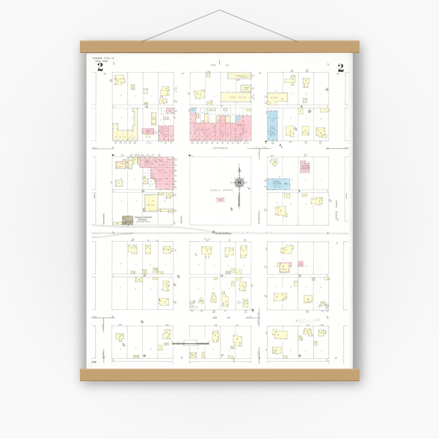 Old map wall art mockup — magnetic wood frame on white wall — Sanborn Fire Insurance Map from Prairie City, Jasper County, Iowa (1940), Sheet #0002