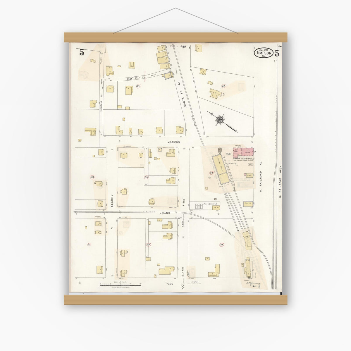 Old map wall art mockup — magnetic wood frame on white wall — Sanborn Fire Insurance Map from Timpson, Shelby County, Texas (1941), Sheet #0005