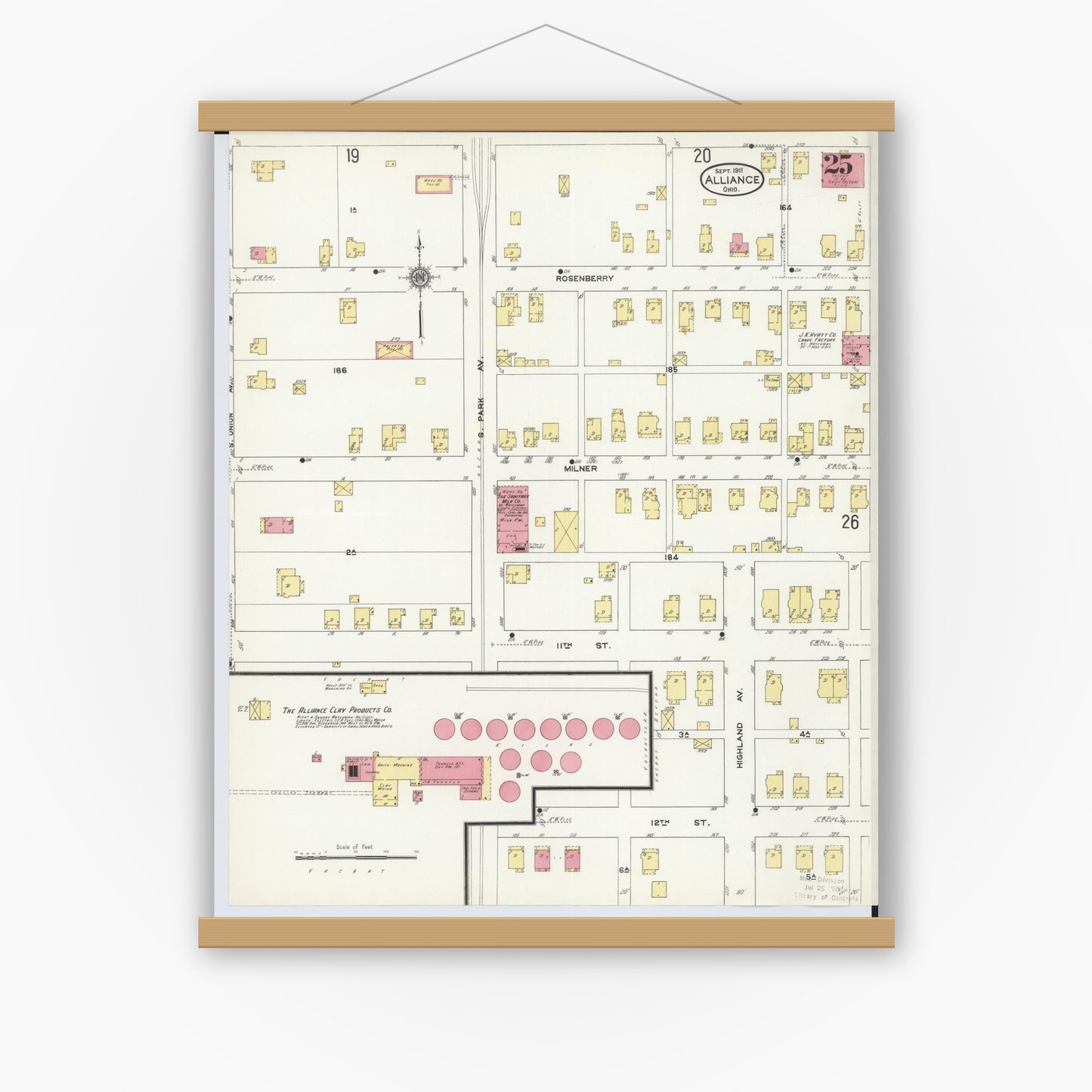 Old map wall art mockup — magnetic wood frame on white wall — Sanborn Fire Insurance Map from Alliance, Stark County, Ohio (1911), Sheet #0025