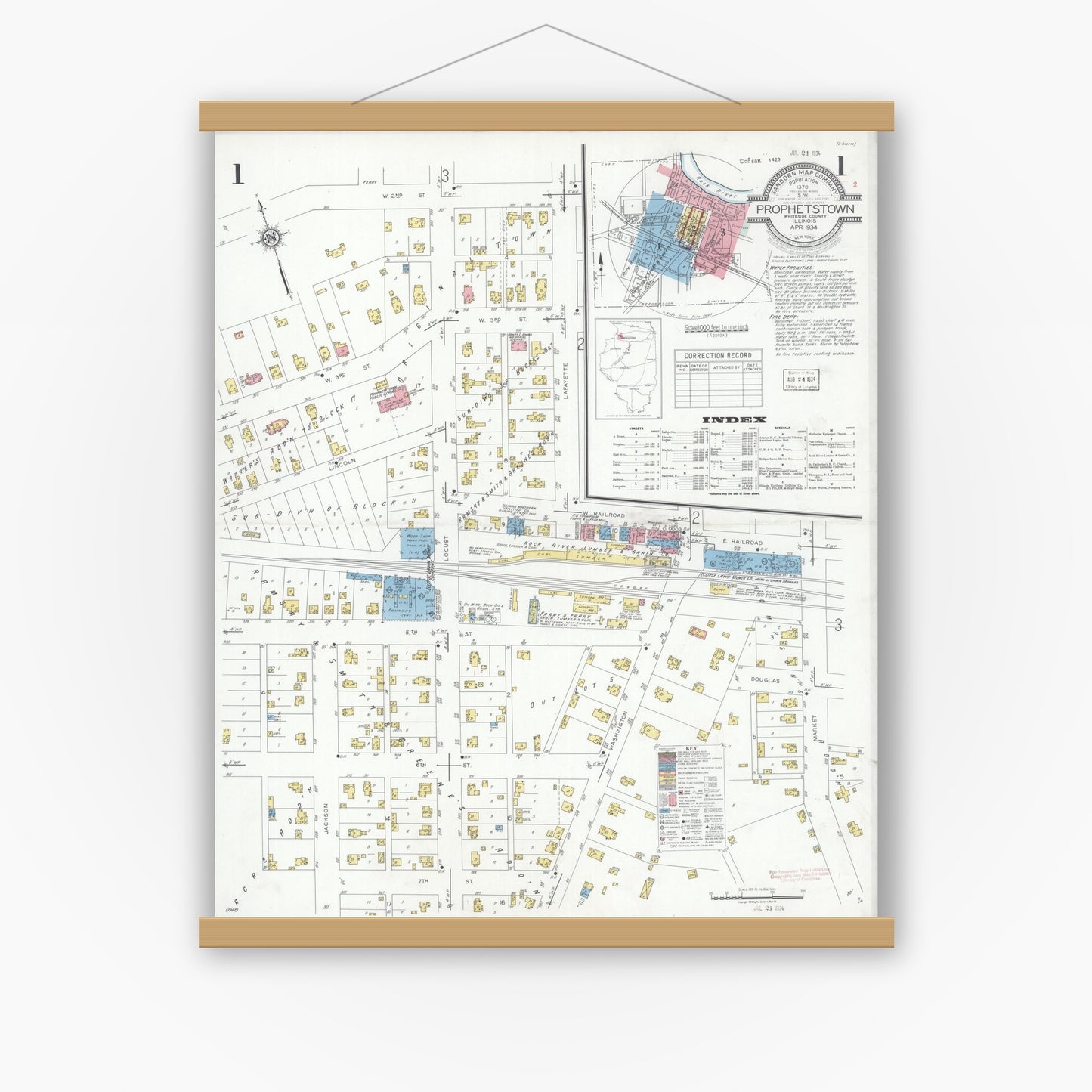 Old map wall art mockup — magnetic wood frame on white wall — Sanborn Fire Insurance Map from Prophetstown, Whiteside County, Illinois (1934) - Complete Map Set