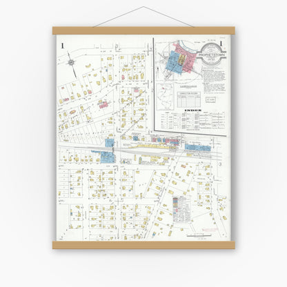 Old map wall art mockup — magnetic wood frame on white wall — Sanborn Fire Insurance Map from Prophetstown, Whiteside County, Illinois (1934) - Complete Map Set