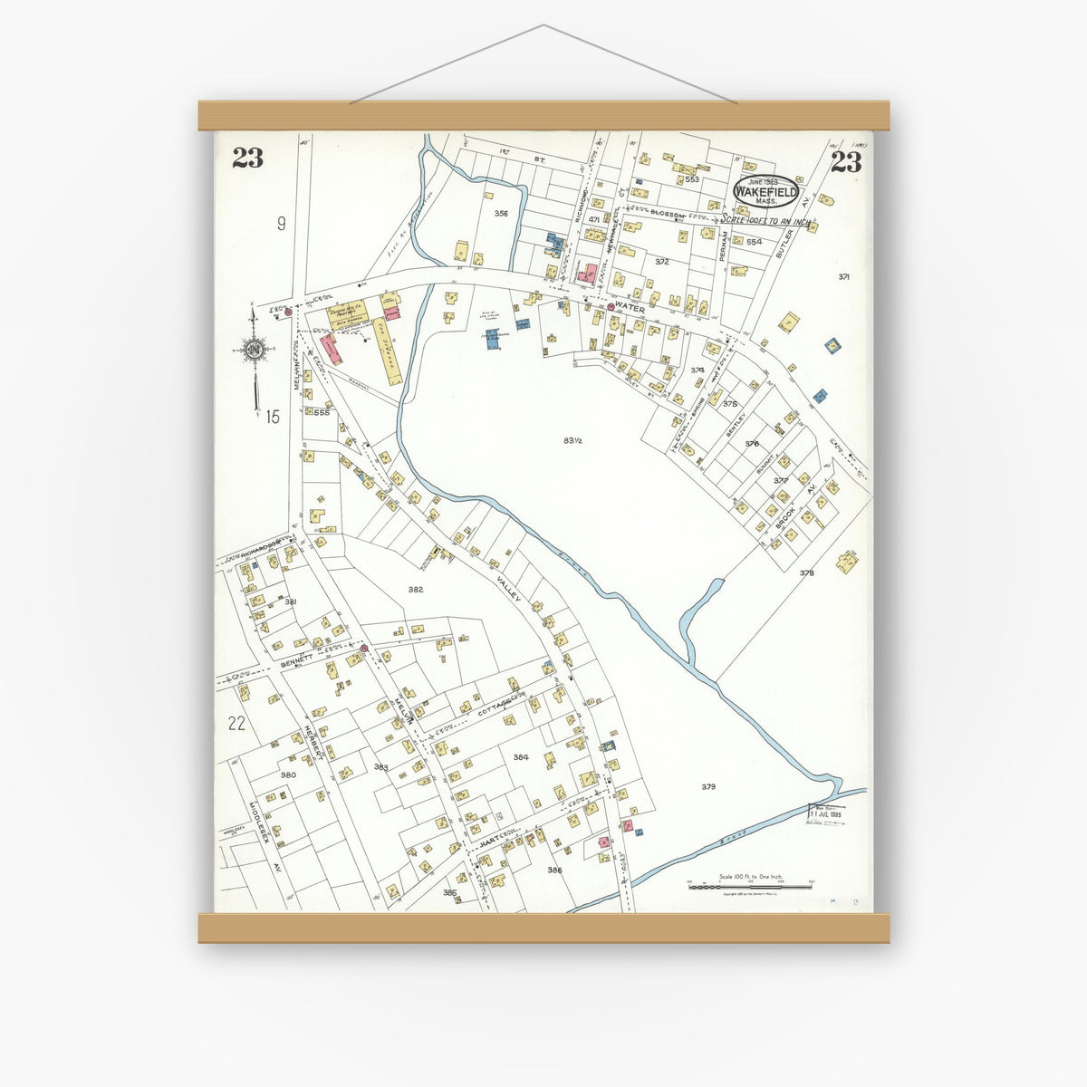 Old map wall art mockup — magnetic wood frame on white wall — Sanborn Fire Insurance Map from Wakefield, Middlesex County, Massachusetts (1923), Sheet #0023