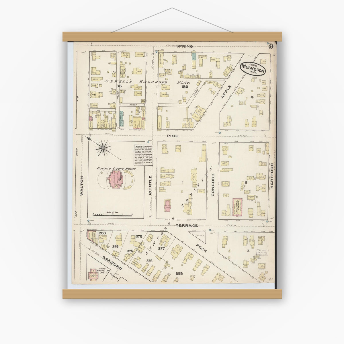 Old map wall art mockup — magnetic wood frame on white wall — Sanborn Fire Insurance Map from Muskegon, Muskegon County, Michigan (1883), Sheet #0009