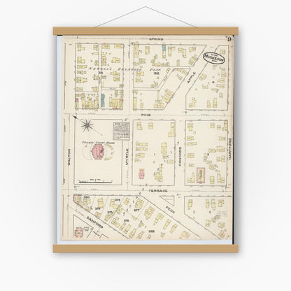 Old map wall art mockup — magnetic wood frame on white wall — Sanborn Fire Insurance Map from Muskegon, Muskegon County, Michigan (1883), Sheet #0009