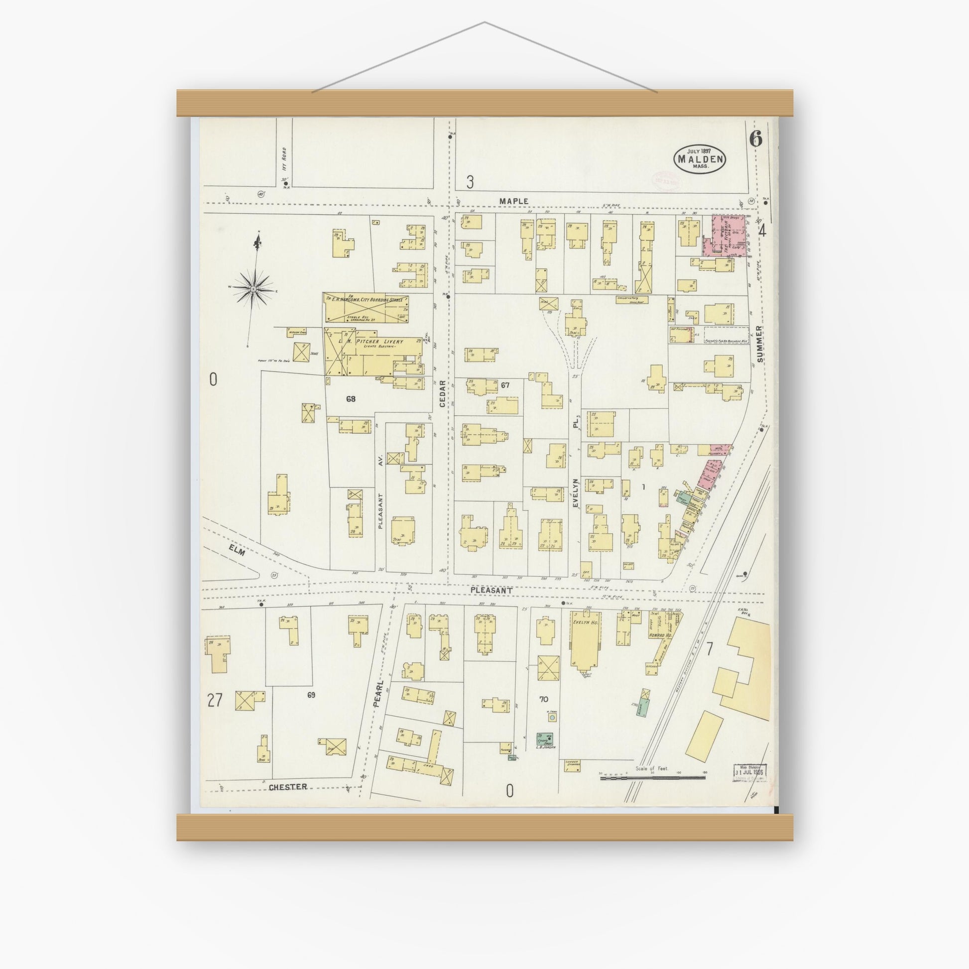 Old map wall art mockup — magnetic wood frame on white wall — Sanborn Fire Insurance Map from Malden, Middlesex County, Massachusetts (1897), Sheet #0006