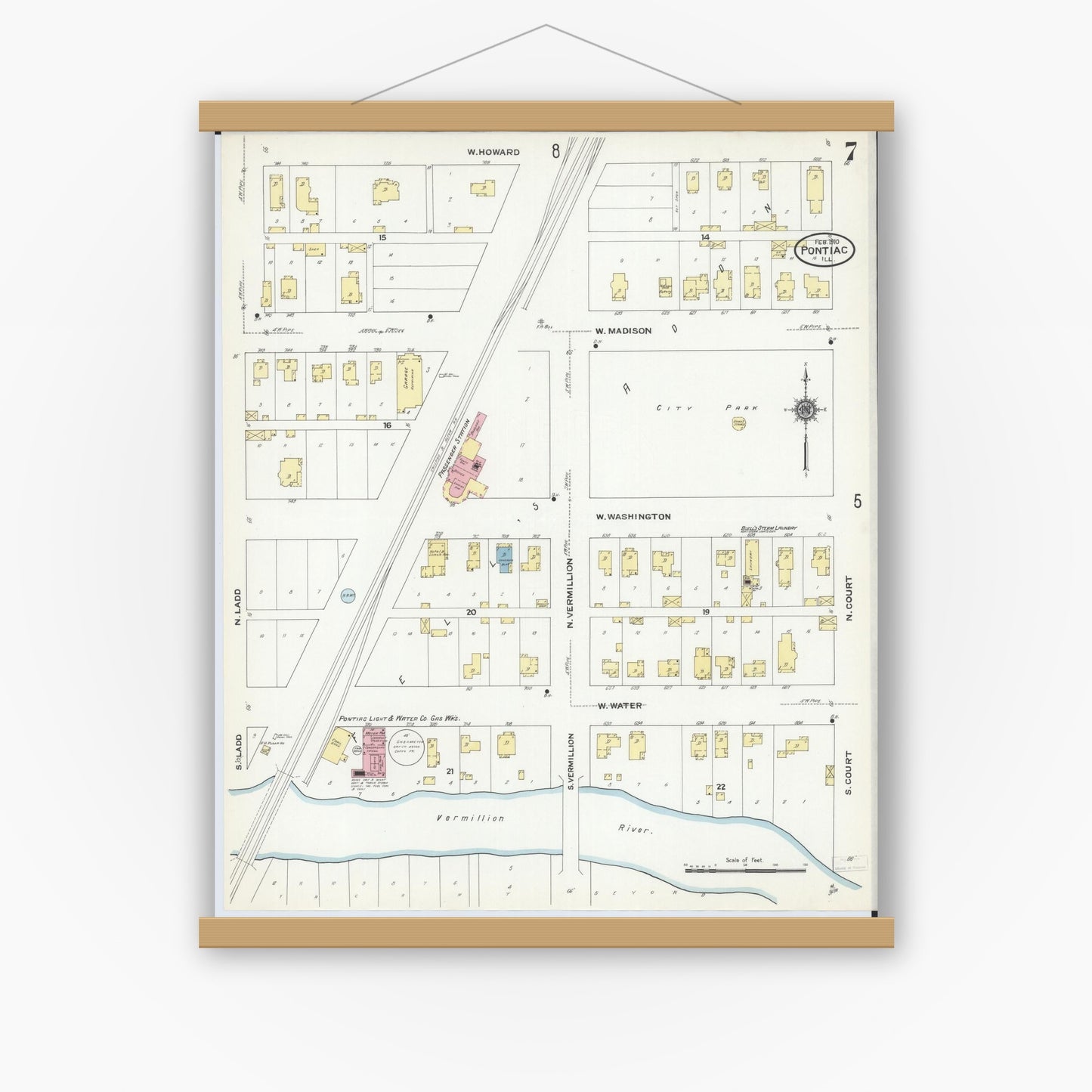 Old map wall art mockup — magnetic wood frame on white wall — Sanborn Fire Insurance Map from Pontiac, Livingston County, Illinois (1910), Sheet #0007