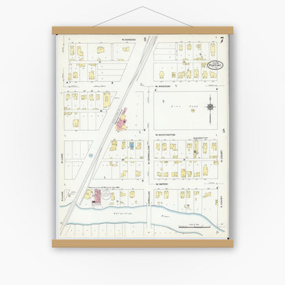 Old map wall art mockup — magnetic wood frame on white wall — Sanborn Fire Insurance Map from Pontiac, Livingston County, Illinois (1910), Sheet #0007