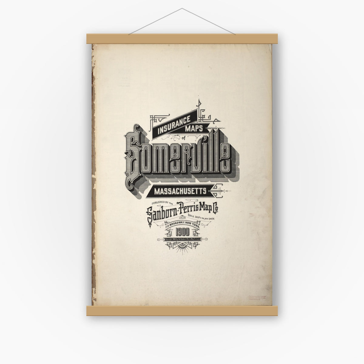 Old map wall art mockup — magnetic wood frame on white wall — Sanborn Fire Insurance Map from Somerville, Middlesex County, Massachusetts (1900), Sheet #0001