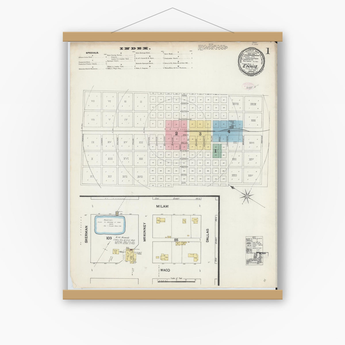 Old map wall art mockup — magnetic wood frame on white wall — Sanborn Fire Insurance Map from Ennis, Ellis County, Texas (1890), Sheet #0001