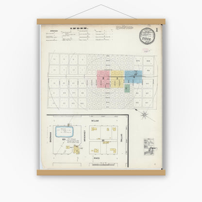 Old map wall art mockup — magnetic wood frame on white wall — Sanborn Fire Insurance Map from Ennis, Ellis County, Texas (1890), Sheet #0001