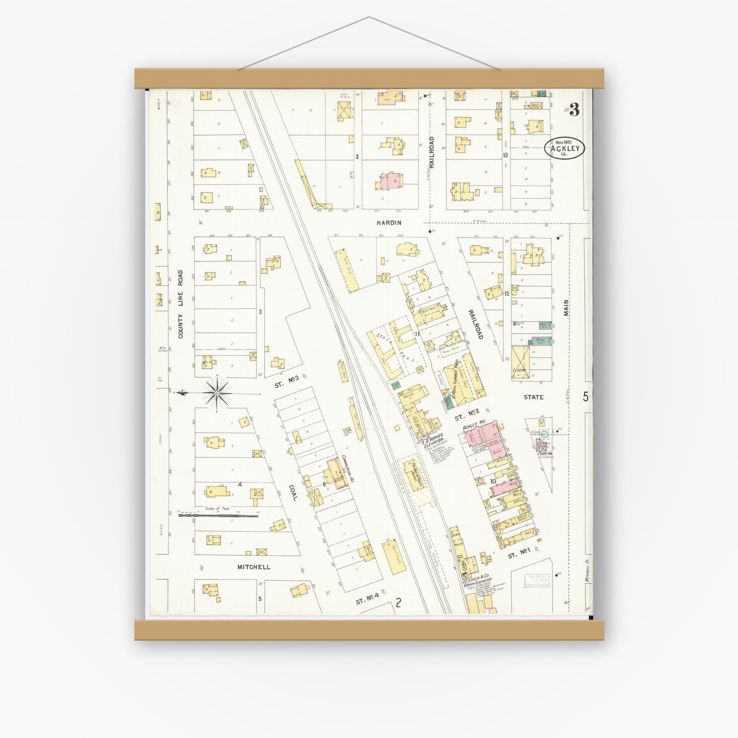 Old map wall art mockup — magnetic wood frame on white wall — Sanborn Fire Insurance Map from Ackley, Hardin and Franklin Counties, Iowa (1900), Sheet #0003