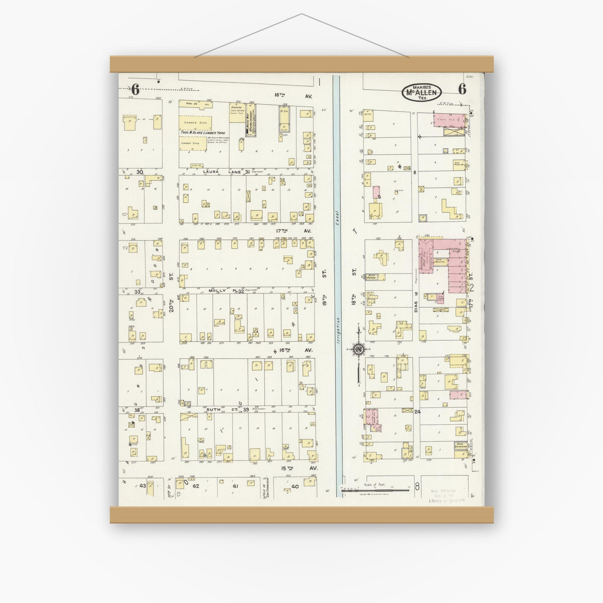 Old map wall art mockup — magnetic wood frame on white wall — Sanborn Fire Insurance Map from McAllen, Hidalgo County, Texas (1925), Sheet #0006