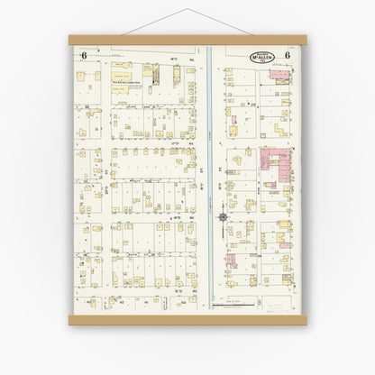 Old map wall art mockup — magnetic wood frame on white wall — Sanborn Fire Insurance Map from McAllen, Hidalgo County, Texas (1925), Sheet #0006