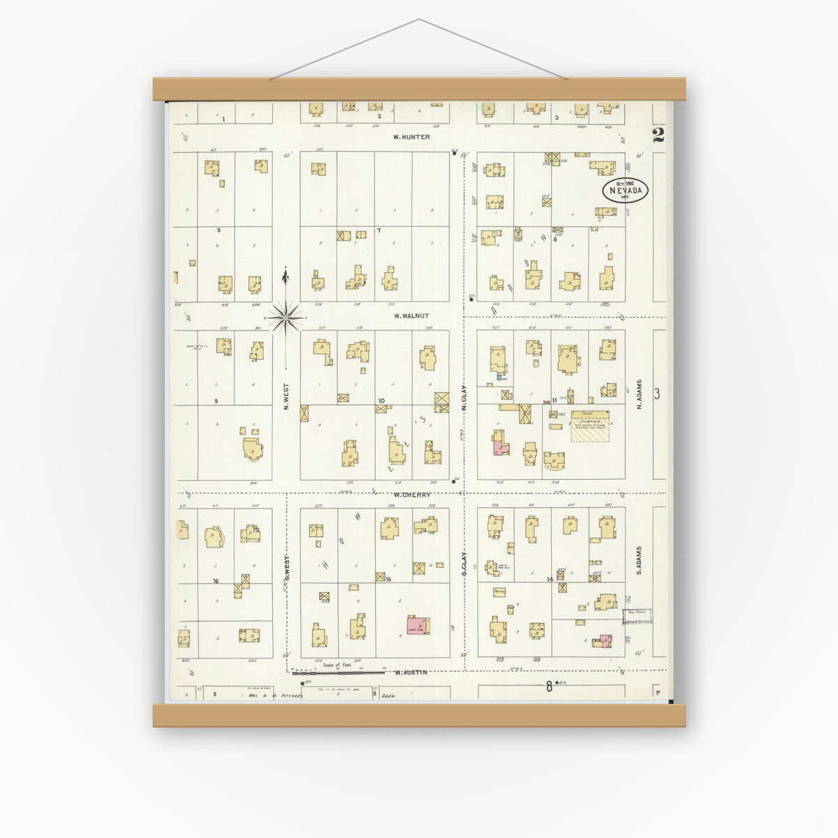 Old map wall art mockup — magnetic wood frame on white wall — Sanborn Fire Insurance Map from Nevada, Vernon County, Missouri (1906), Sheet #0002