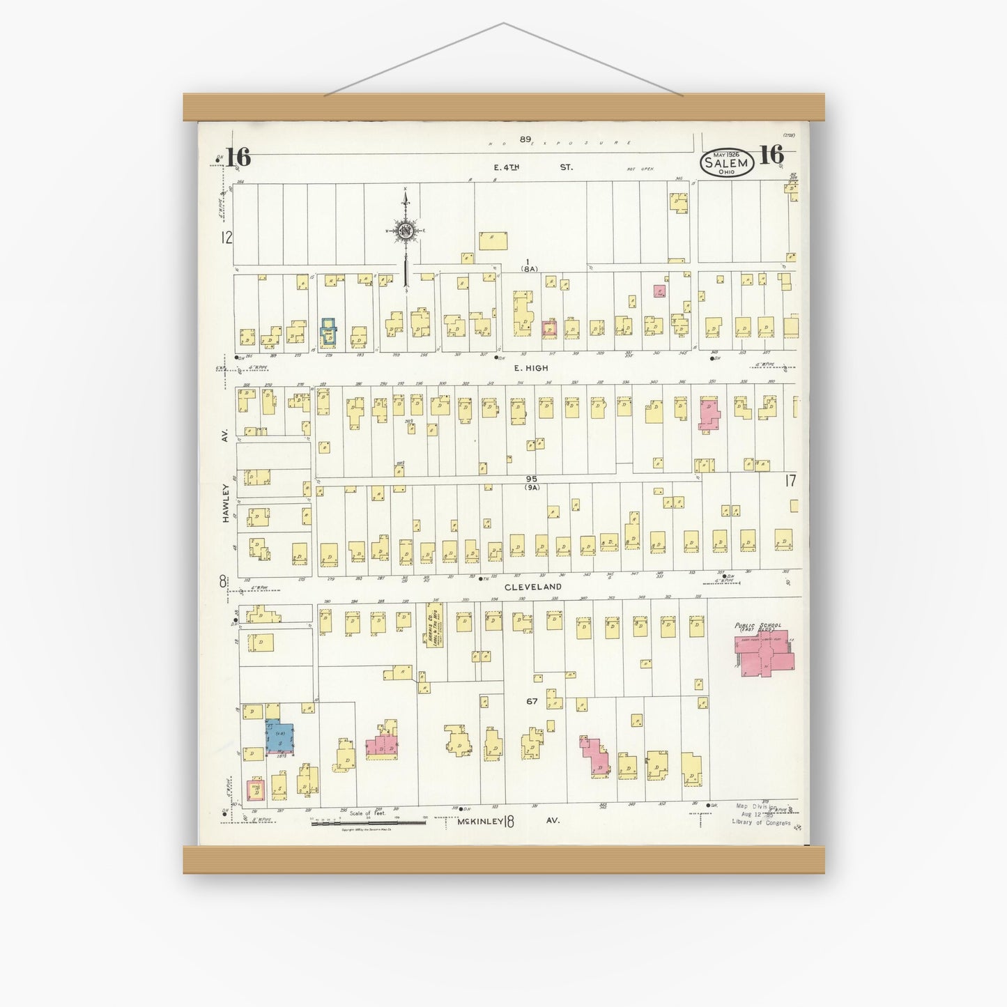 Old map wall art mockup — magnetic wood frame on white wall — Sanborn Fire Insurance Map from Salem, Columbiana County, Ohio (1926), Sheet #0016