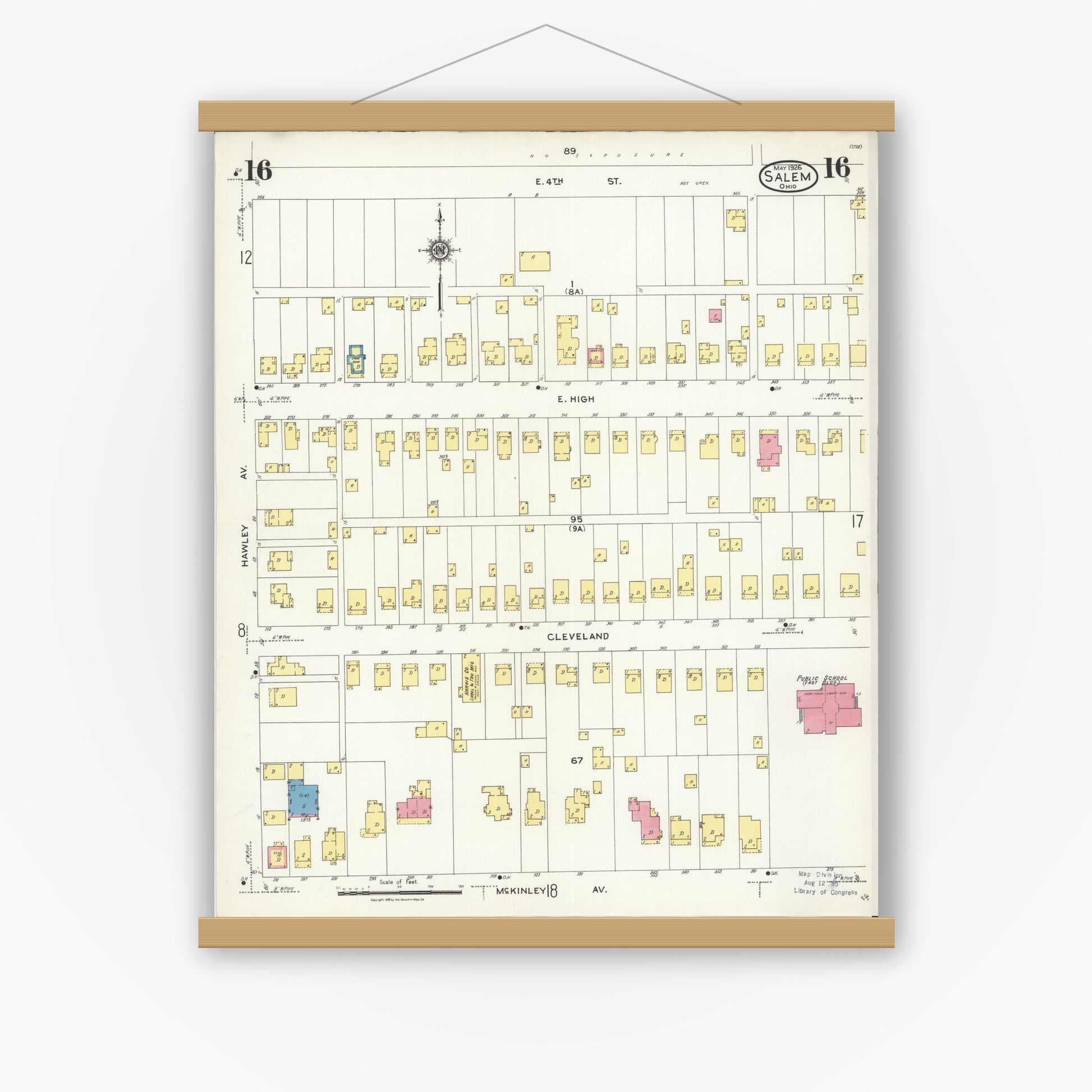 Old map wall art mockup — magnetic wood frame on white wall — Sanborn Fire Insurance Map from Salem, Columbiana County, Ohio (1926), Sheet #0016