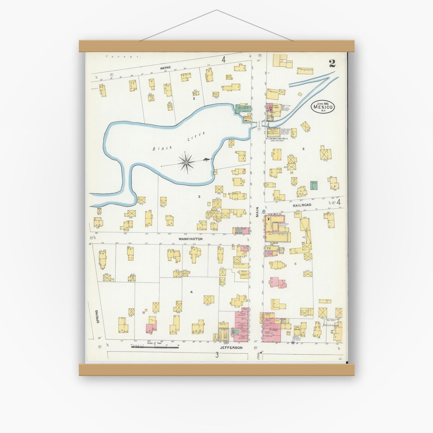 Old map wall art mockup — magnetic wood frame on white wall — Sanborn Fire Insurance Map from Mexico, Oswego County, New York (1906), Sheet #0002