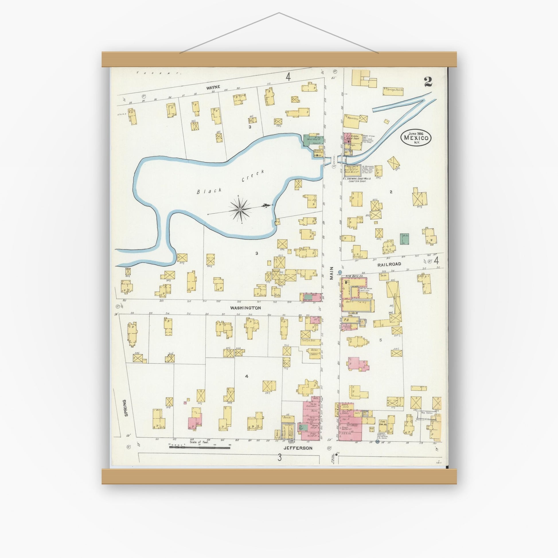 Old map wall art mockup — magnetic wood frame on white wall — Sanborn Fire Insurance Map from Mexico, Oswego County, New York (1906), Sheet #0002