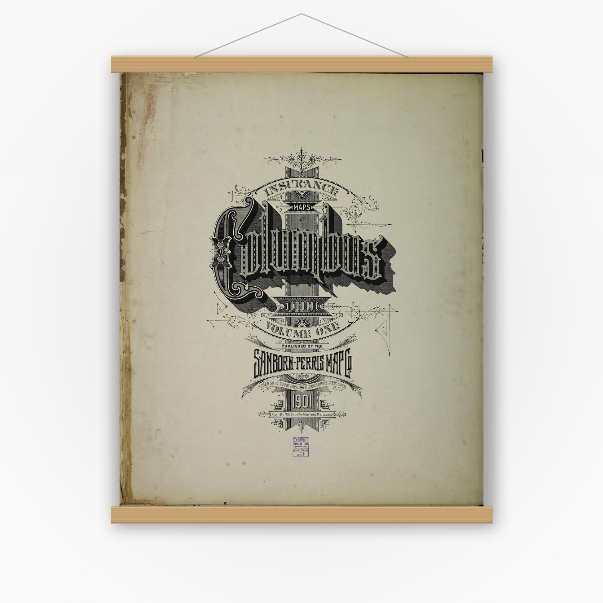Old map wall art mockup — magnetic wood frame on white wall — Sanborn Fire Insurance Map from Columbus, Franklin County, Ohio (1901), Sheet #0001
