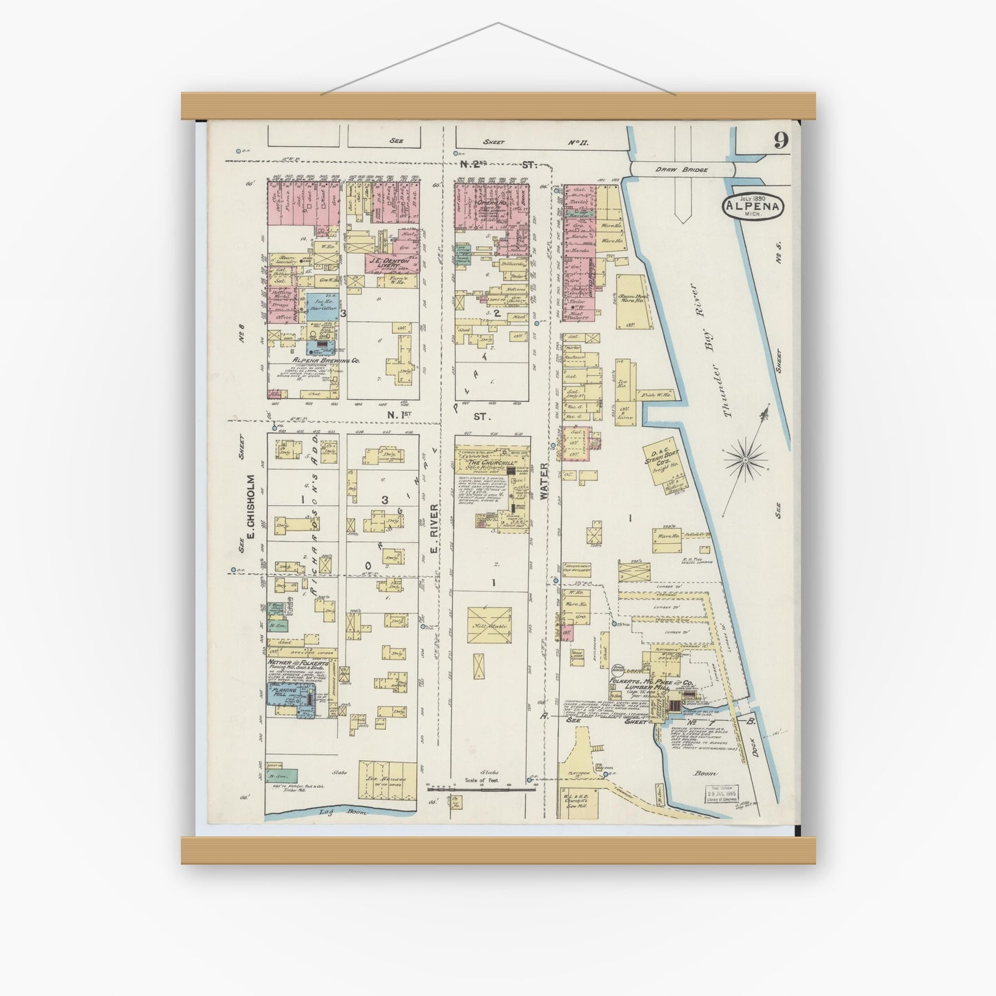 Old map wall art mockup — magnetic wood frame on white wall — Sanborn Fire Insurance Map from Alpena, Alpena County, Michigan (1890), Sheet #0009