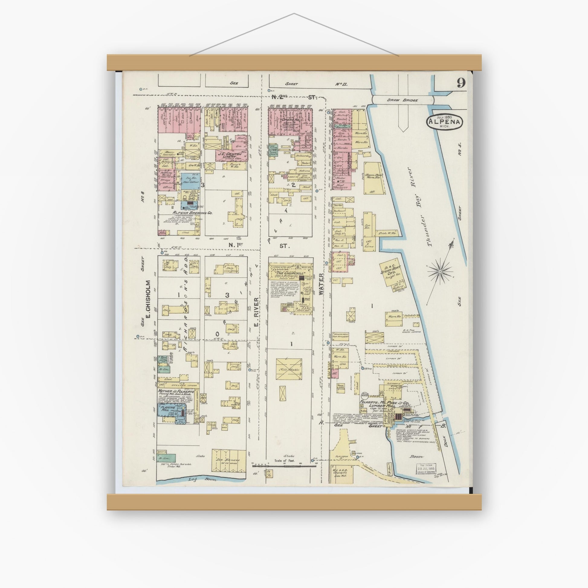Old map wall art mockup — magnetic wood frame on white wall — Sanborn Fire Insurance Map from Alpena, Alpena County, Michigan (1890), Sheet #0009