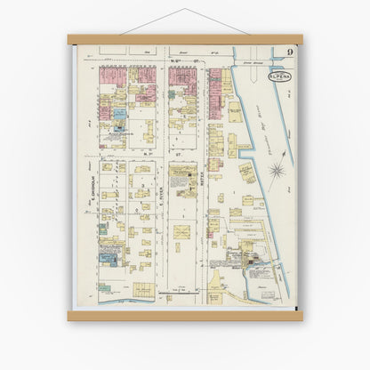 Old map wall art mockup — magnetic wood frame on white wall — Sanborn Fire Insurance Map from Alpena, Alpena County, Michigan (1890), Sheet #0009