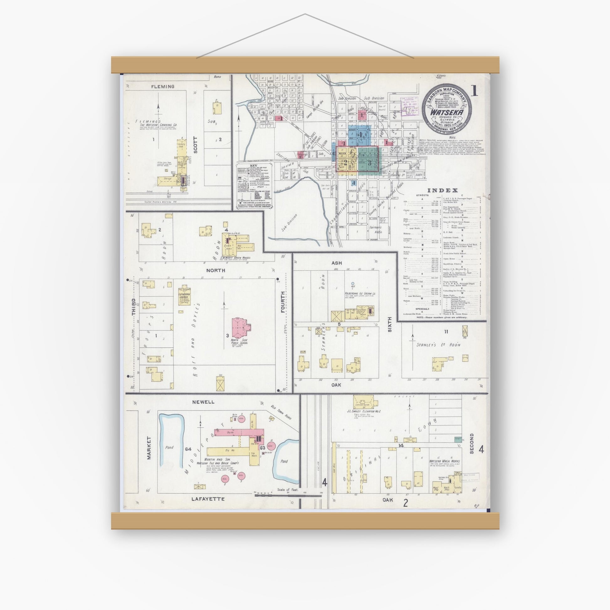 Old map wall art mockup — magnetic wood frame on white wall — Sanborn Fire Insurance Map from Watseka, Iroquois County, Illinois (1905), Sheet #0001