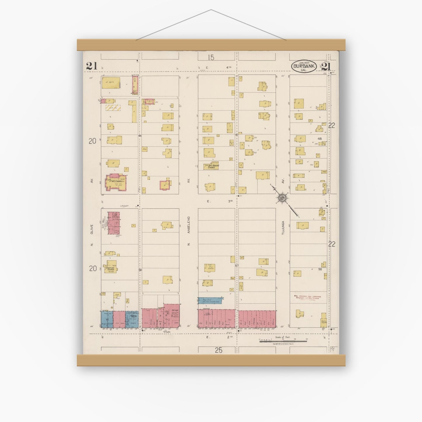 Old map wall art mockup — magnetic wood frame on white wall — Sanborn Fire Insurance Map from Burbank, Los Angeles County, California (1923), Sheet #0021
