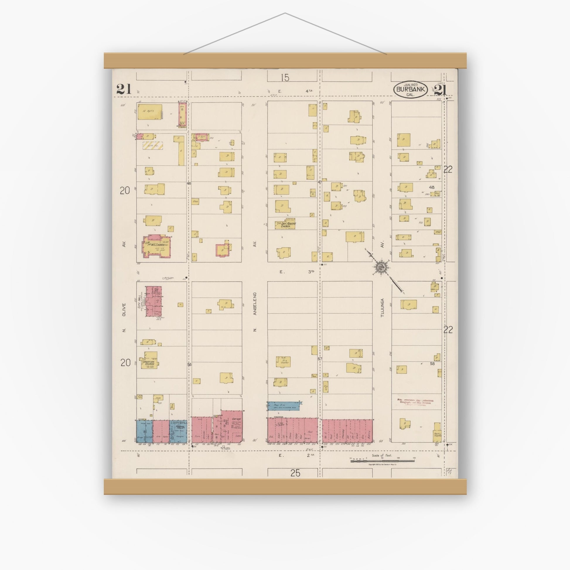 Old map wall art mockup — magnetic wood frame on white wall — Sanborn Fire Insurance Map from Burbank, Los Angeles County, California (1923), Sheet #0021