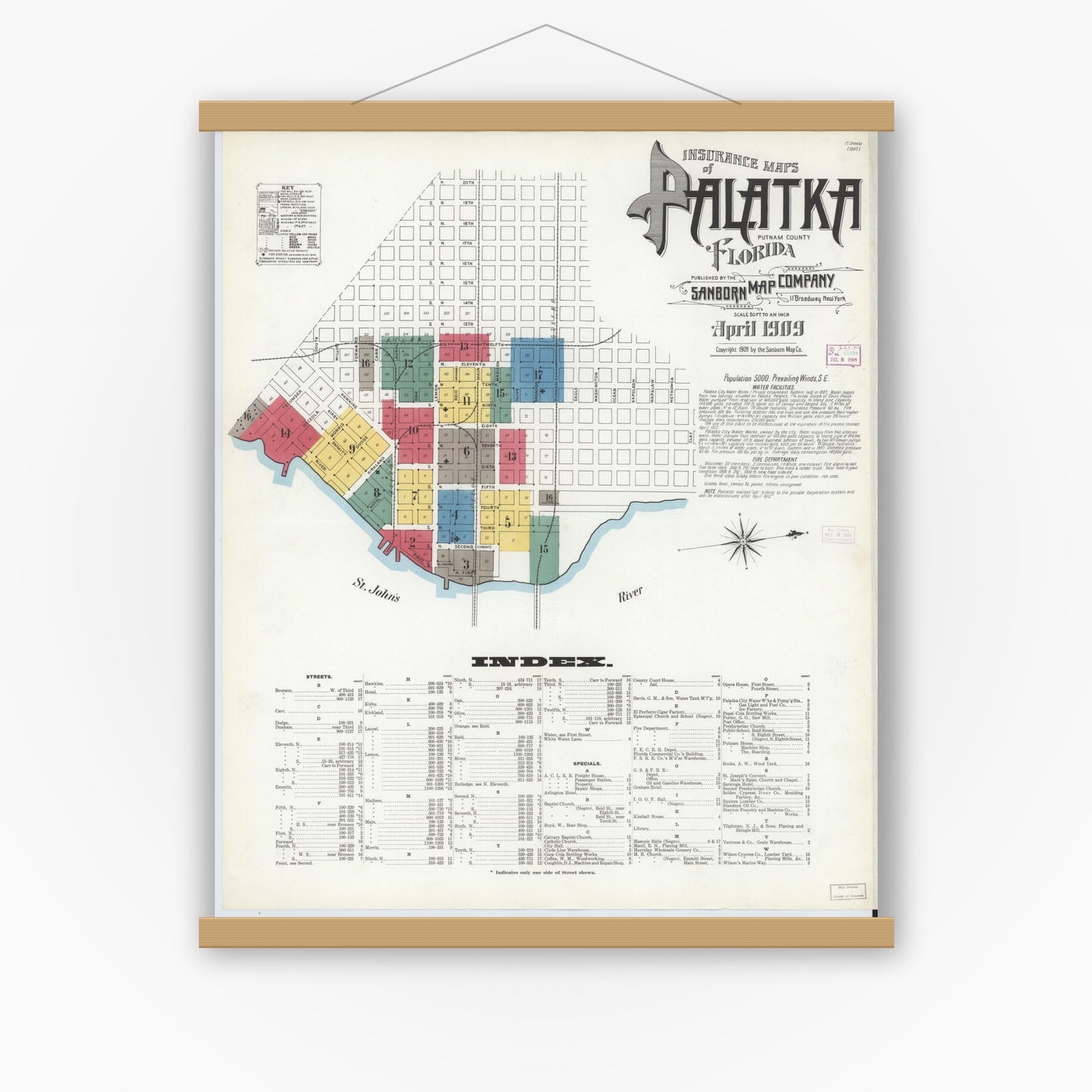 Old map wall art mockup — magnetic wood frame on white wall — Sanborn Fire Insurance Map from Palatka, Putnam County, Florida (1909) - Complete Map Set