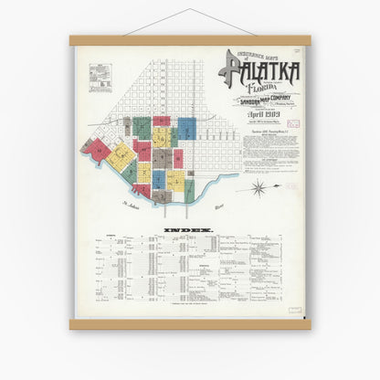 Old map wall art mockup — magnetic wood frame on white wall — Sanborn Fire Insurance Map from Palatka, Putnam County, Florida (1909) - Complete Map Set
