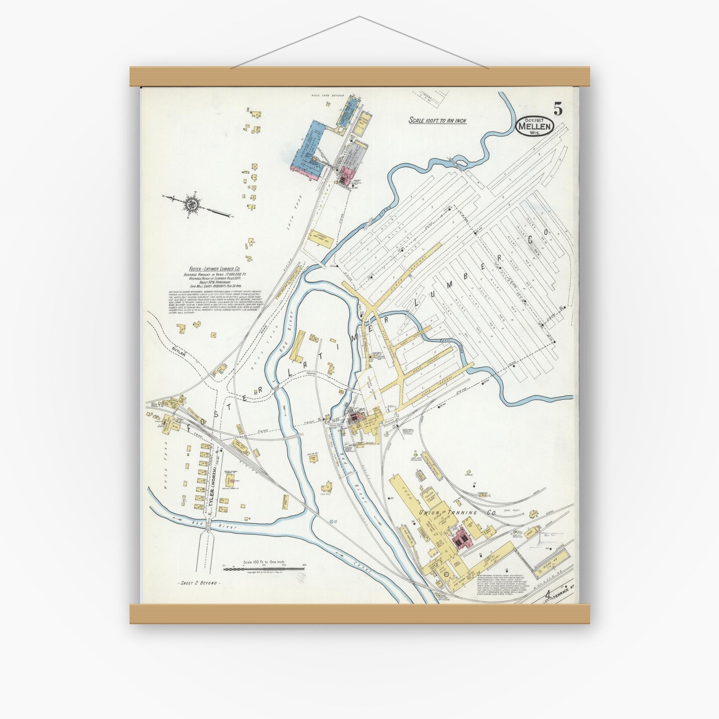 Old map wall art mockup — magnetic wood frame on white wall — Sanborn Fire Insurance Map from Mellen, Ashland County, Wisconsin (1917), Sheet #0005