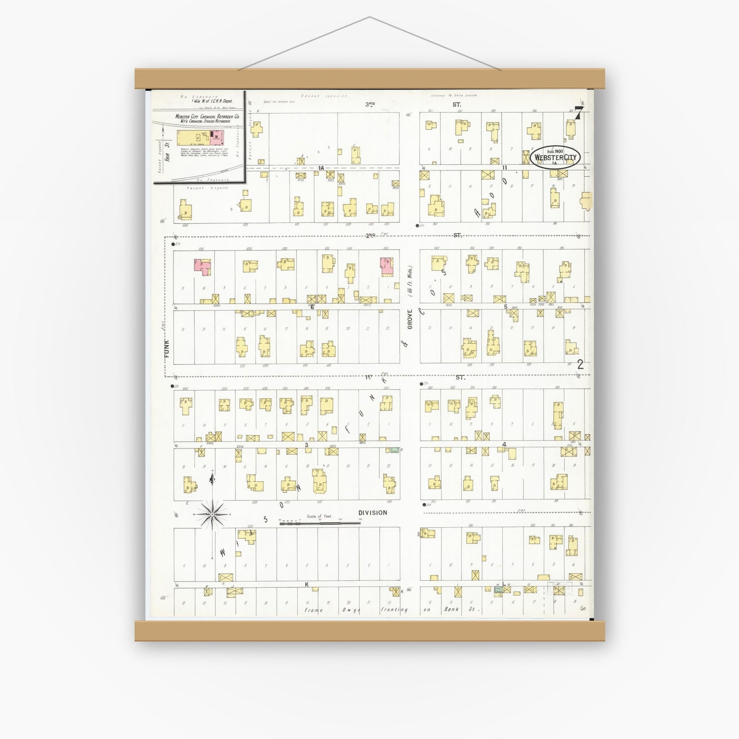 Old map wall art mockup — magnetic wood frame on white wall — Sanborn Fire Insurance Map from Webster City, Hamilton County, Iowa (1900), Sheet #0007