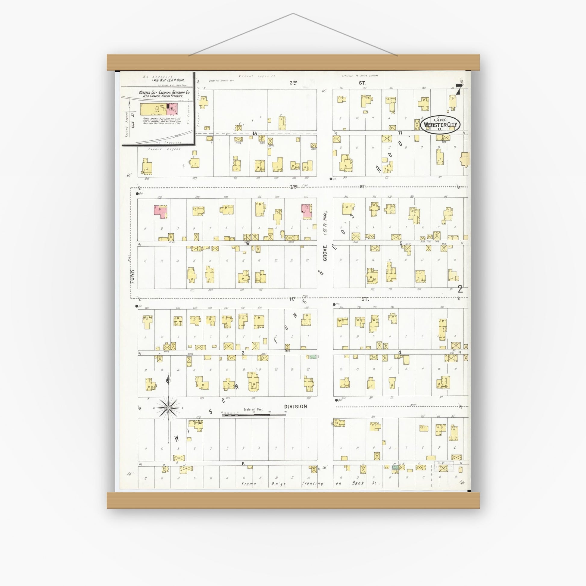 Old map wall art mockup — magnetic wood frame on white wall — Sanborn Fire Insurance Map from Webster City, Hamilton County, Iowa (1900), Sheet #0007