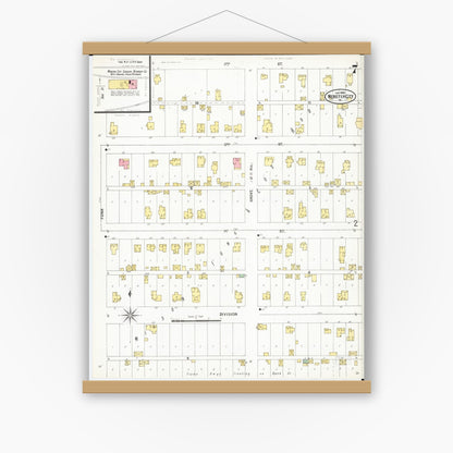 Old map wall art mockup — magnetic wood frame on white wall — Sanborn Fire Insurance Map from Webster City, Hamilton County, Iowa (1900), Sheet #0007