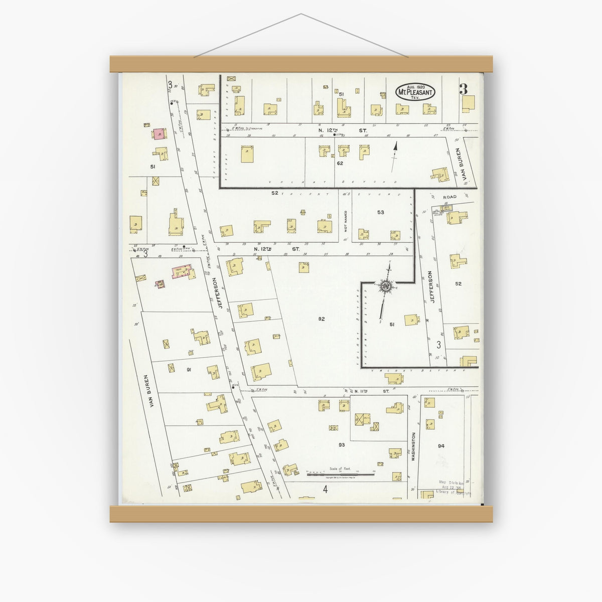 Old map wall art mockup — magnetic wood frame on white wall — Sanborn Fire Insurance Map from Mount Pleasant, Titus County, Texas (1920), Sheet #0003