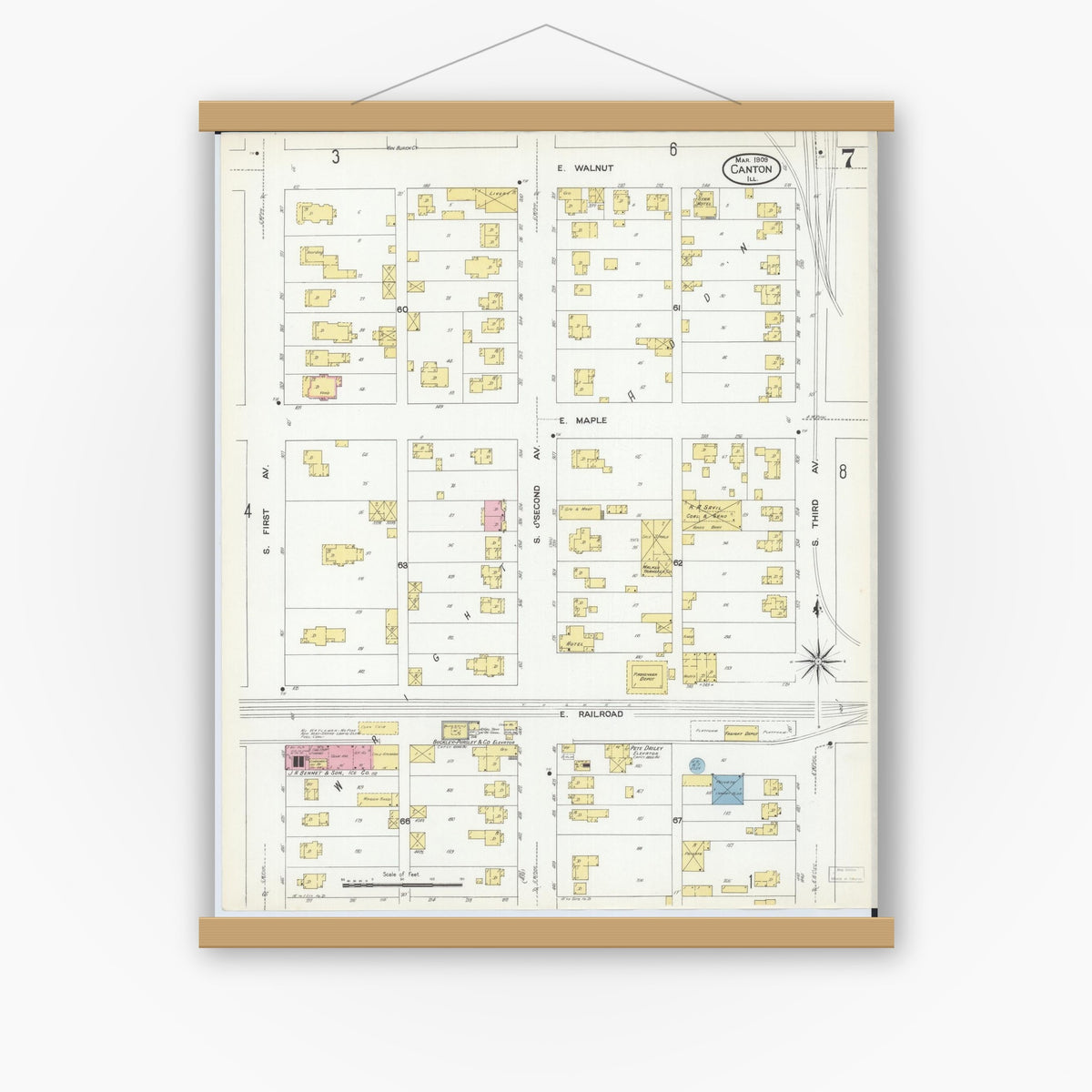 Old map wall art mockup — magnetic wood frame on white wall — Sanborn Fire Insurance Map from Canton, Fulton County, Illinois (1909), Sheet #0007