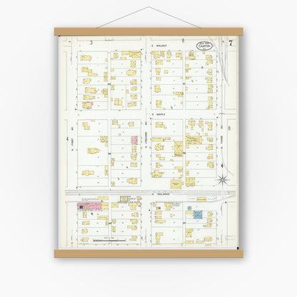 Old map wall art mockup — magnetic wood frame on white wall — Sanborn Fire Insurance Map from Canton, Fulton County, Illinois (1909), Sheet #0007