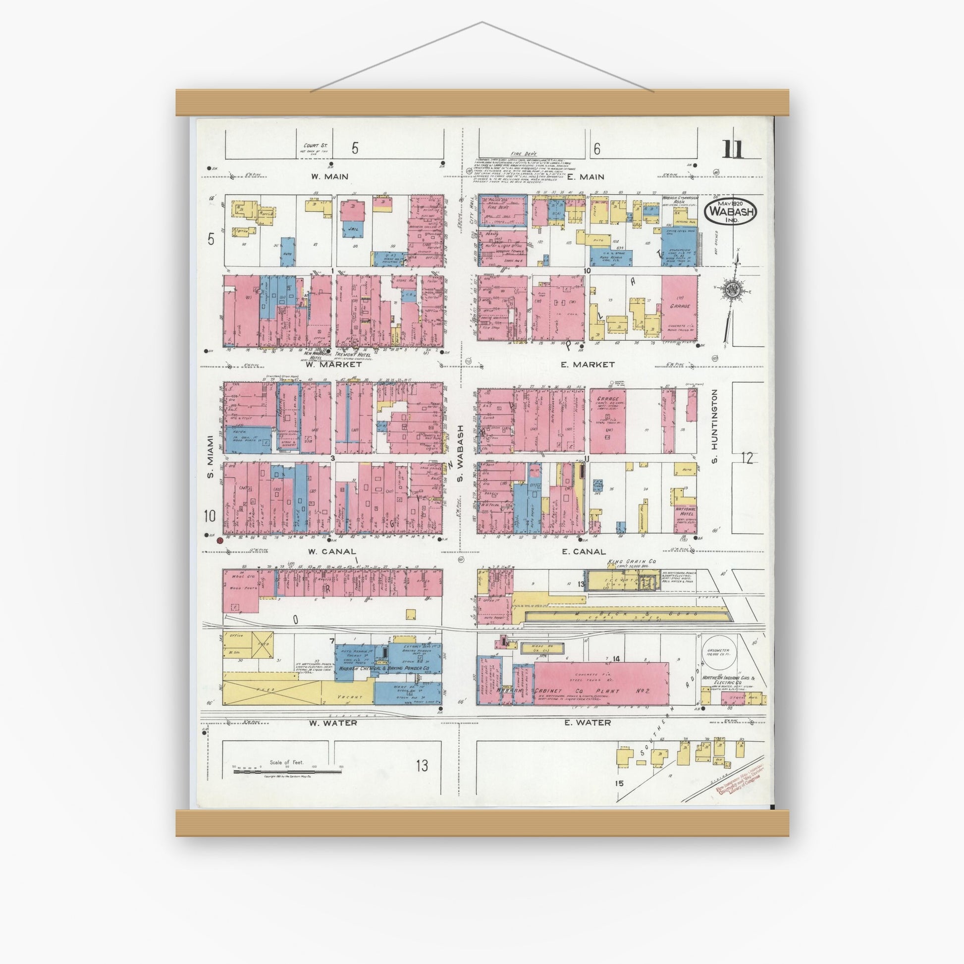 Old map wall art mockup — magnetic wood frame on white wall — Sanborn Fire Insurance Map from Wabash, Wabash County, Indiana (1920), Sheet #0011