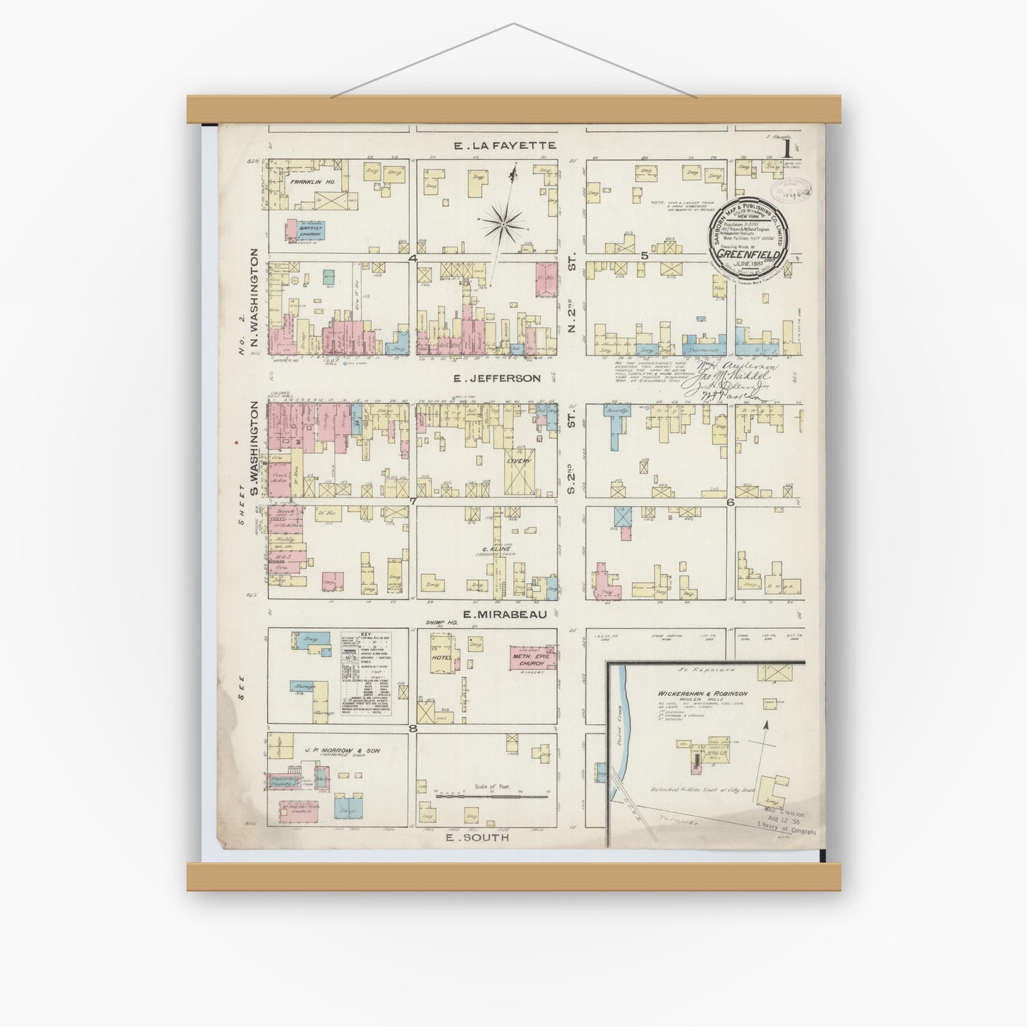 Old map wall art mockup — magnetic wood frame on white wall — Sanborn Fire Insurance Map from Greenfield, Highland County, Ohio (1885) - Complete Map Set